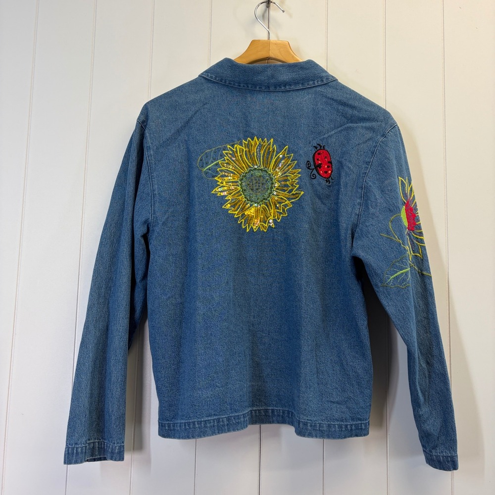 Vintage Tantrums Whimsical Beaded Denim Jacket Women Size S Ladybug Cottage Boho - Picture 2 of 8